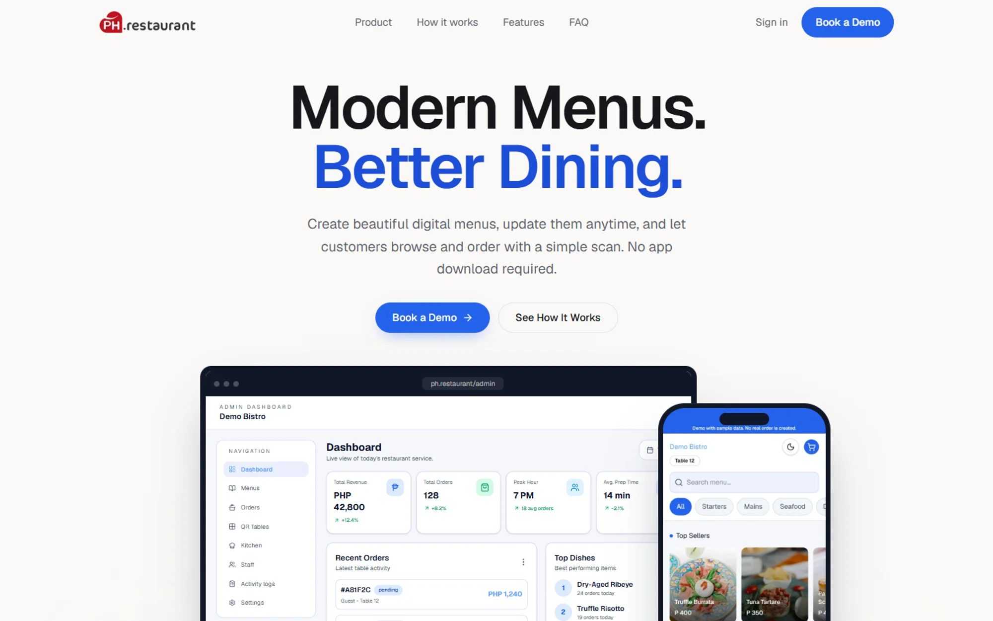 PH.restaurant home page: the headline Modern Menus. Better Dining. above a restaurant dashboard and a phone displaying a digital menu.