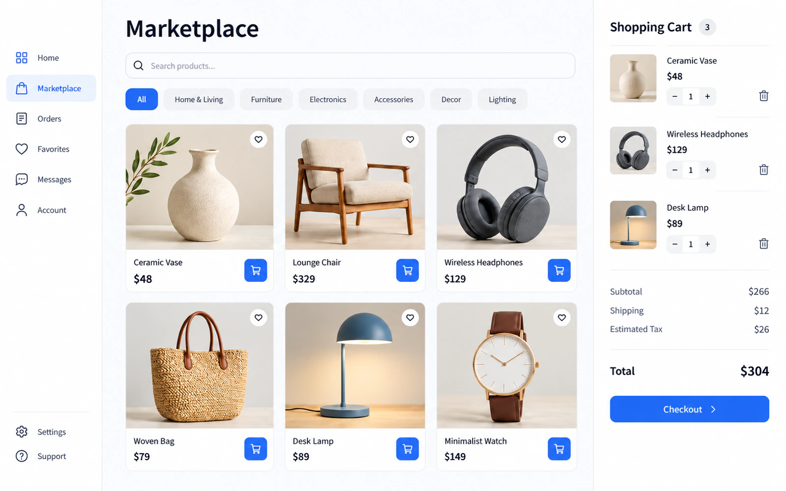 An unbranded marketplace concept with product discovery, category filters, and a shopping cart.