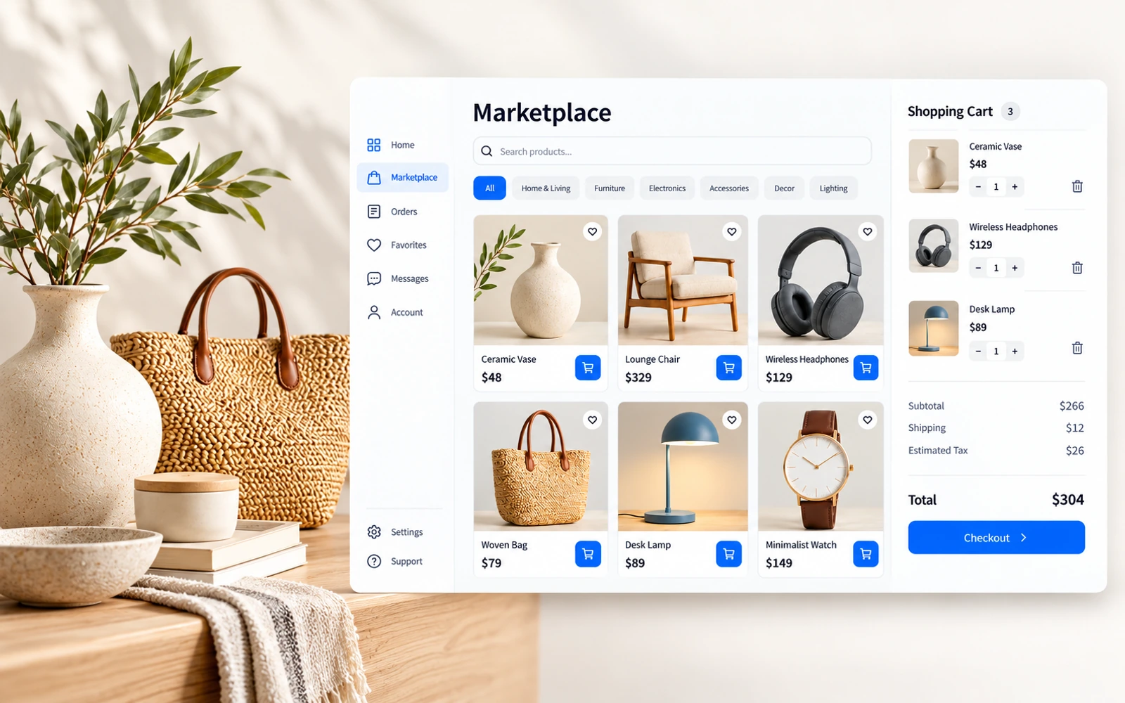 Retail products beside a marketplace interface showing a searchable catalog, product cards, a shopping cart, and checkout.