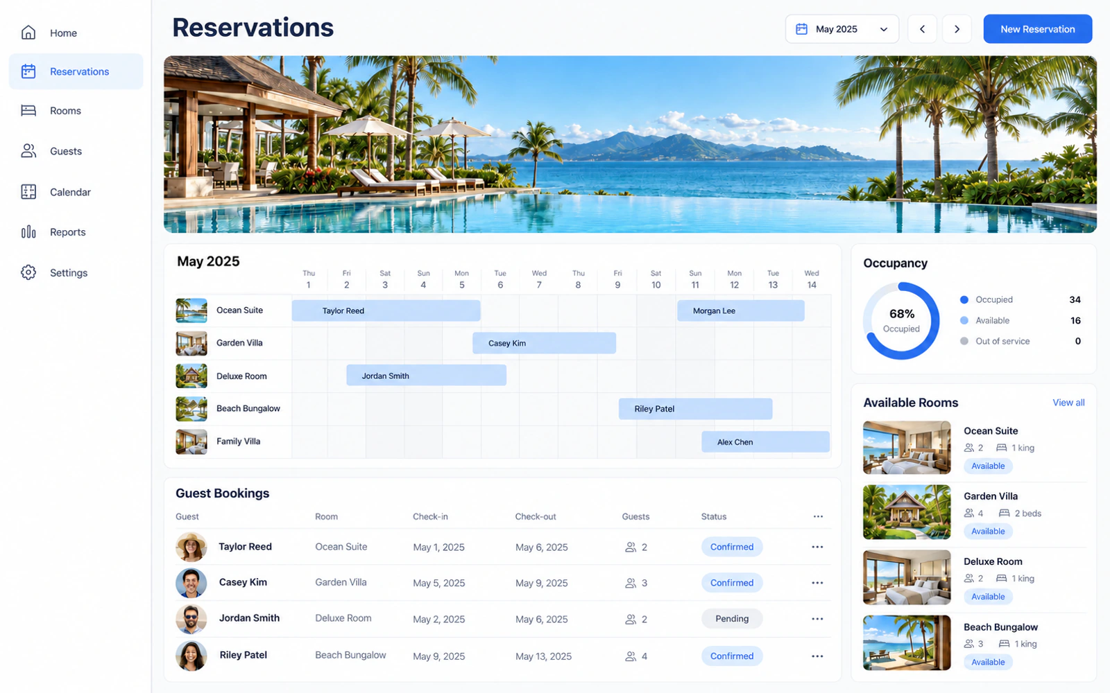 An unbranded hospitality dashboard concept with resort imagery, reservations, and availability.