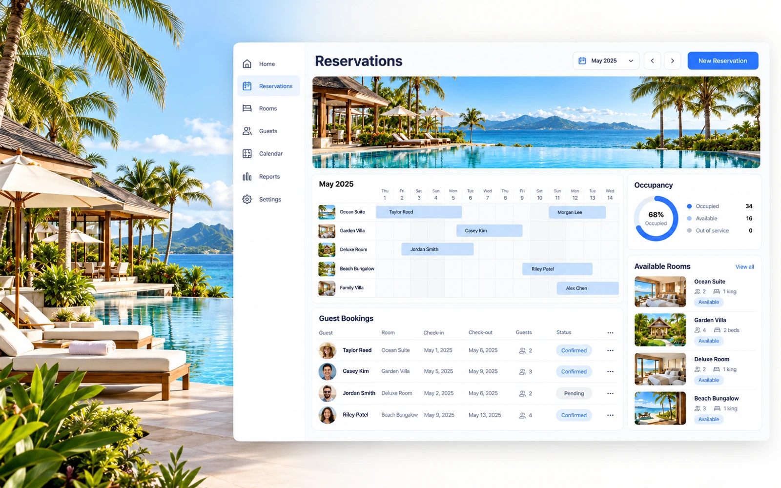 A tropical resort beside a hospitality dashboard showing reservations, a room calendar, occupancy, and guest bookings.