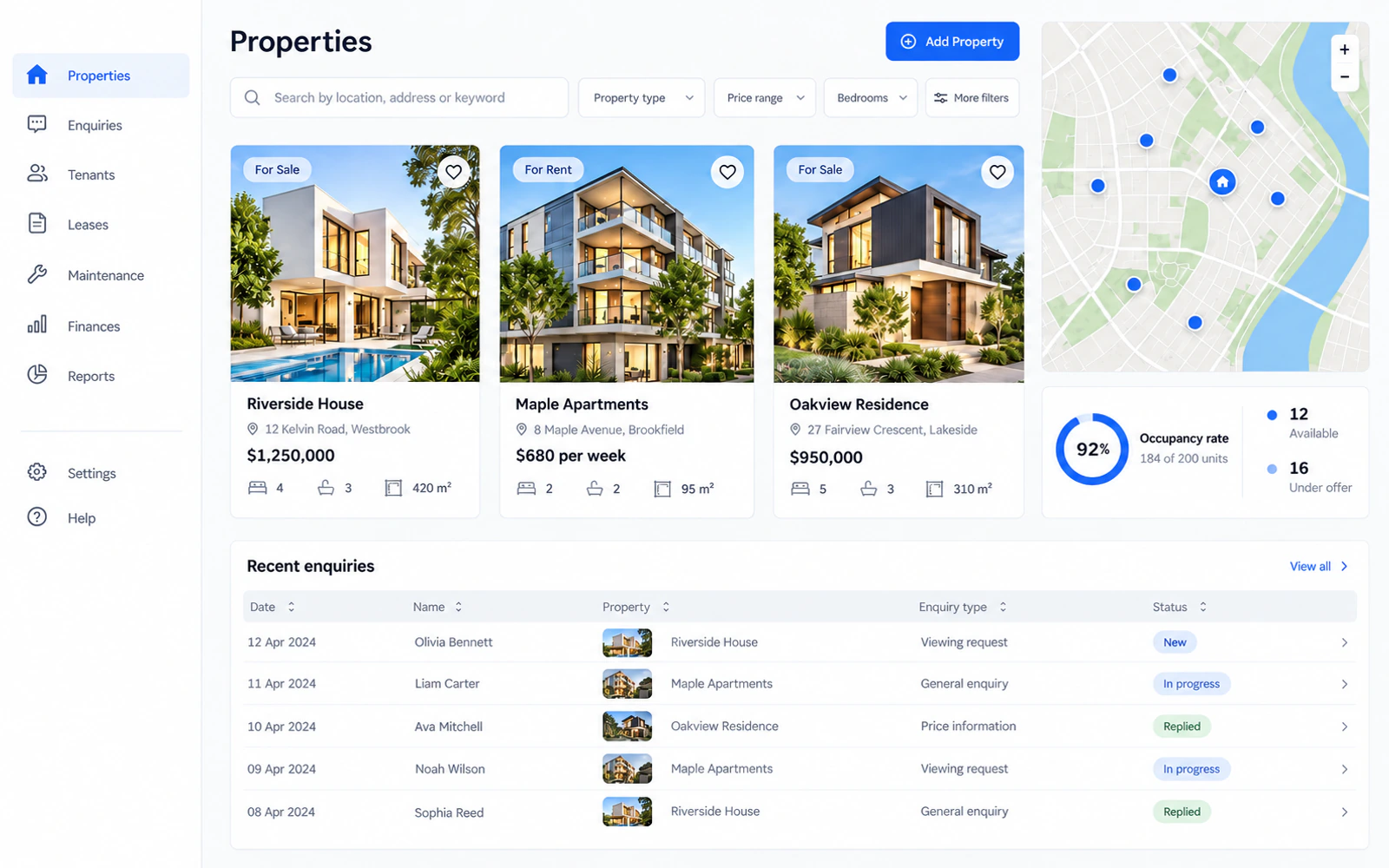 An unbranded property management dashboard with listings, a map, and enquiries.