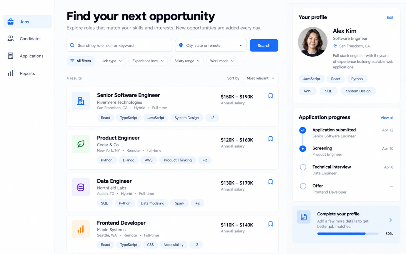 An unbranded recruitment platform concept with job openings, candidate profiles, and an application pipeline.