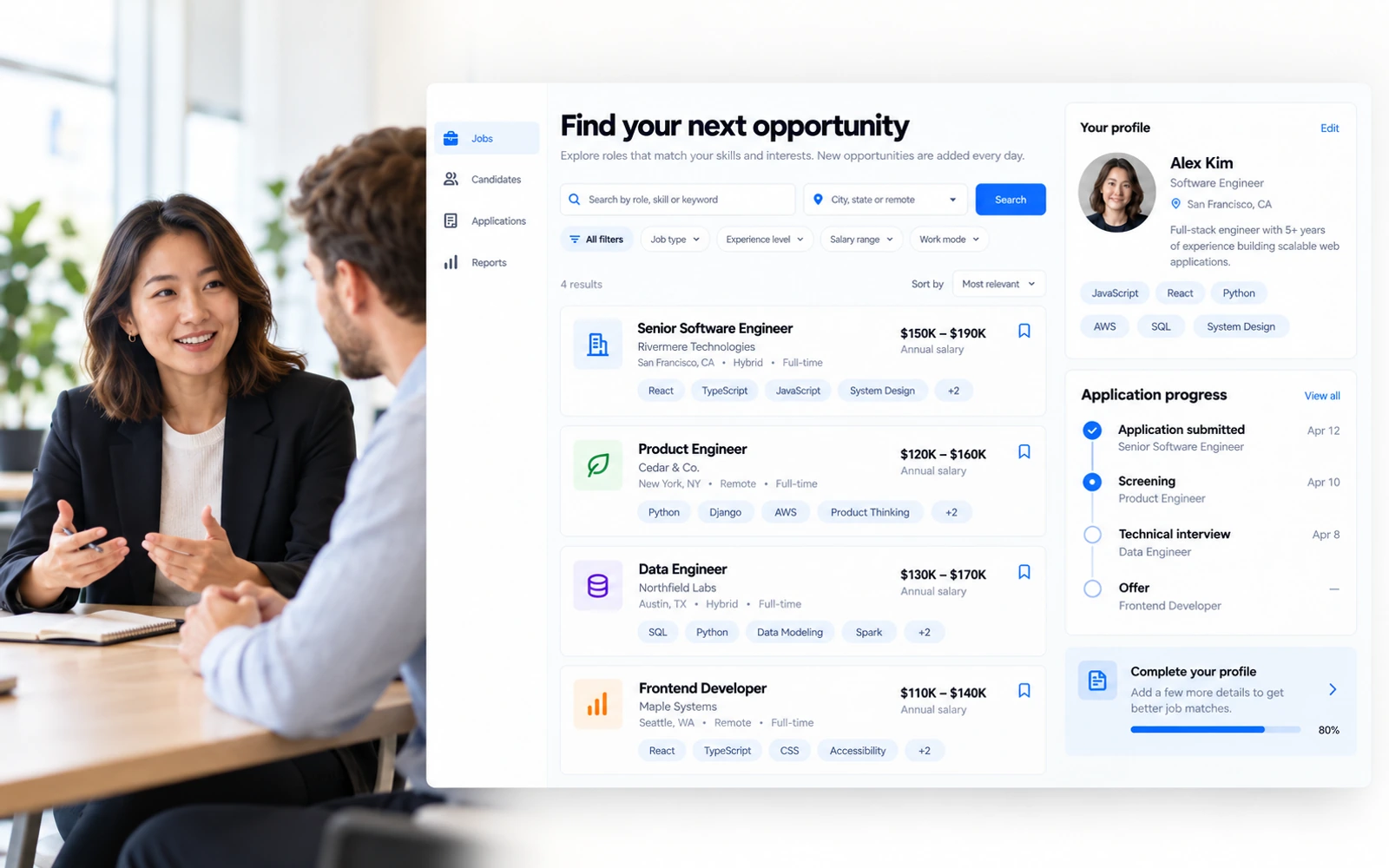 A recruiting conversation beside a job platform showing job listings, a candidate profile, and application progress.