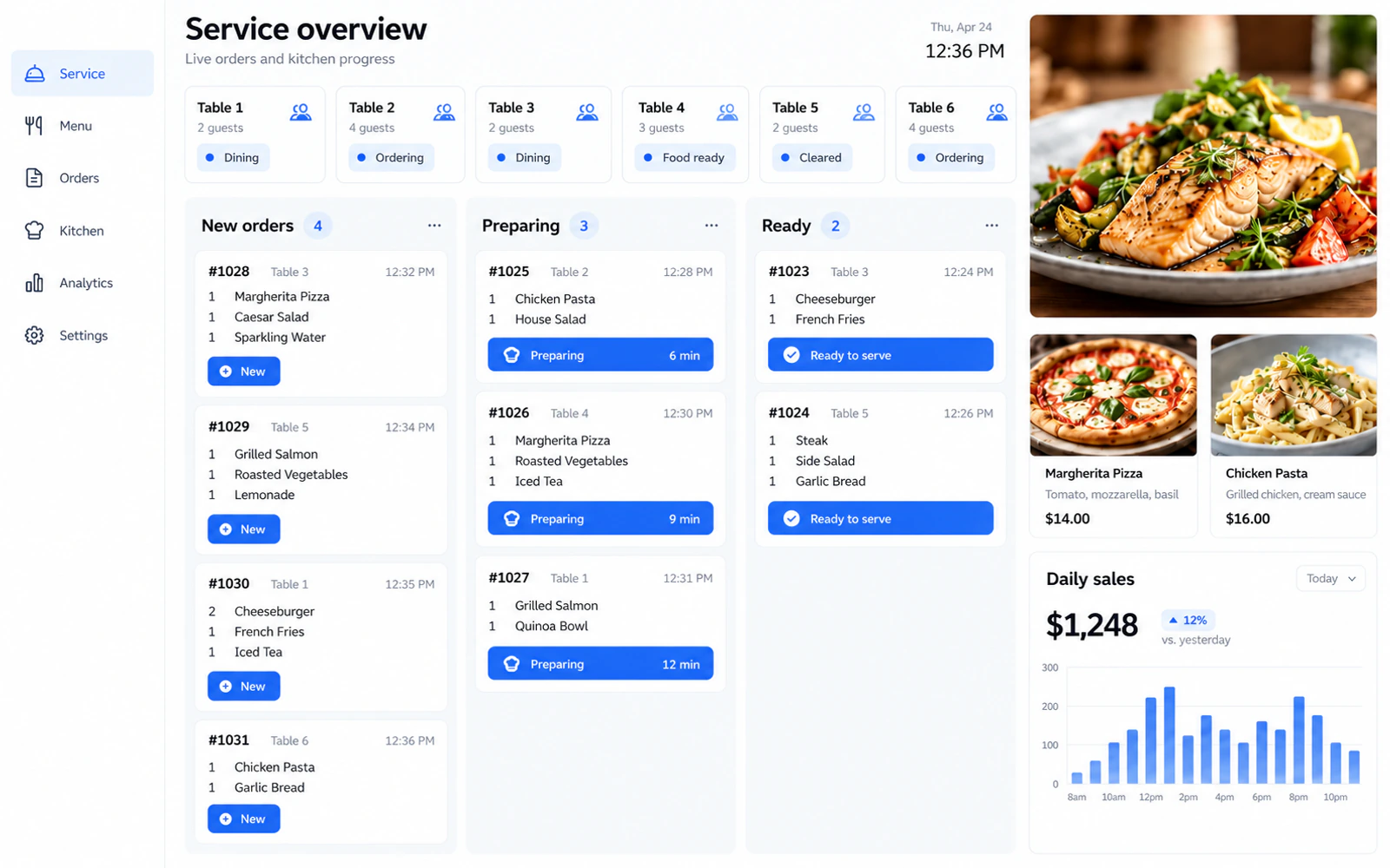 An unbranded restaurant operations concept with food photography, table orders, and kitchen tickets.