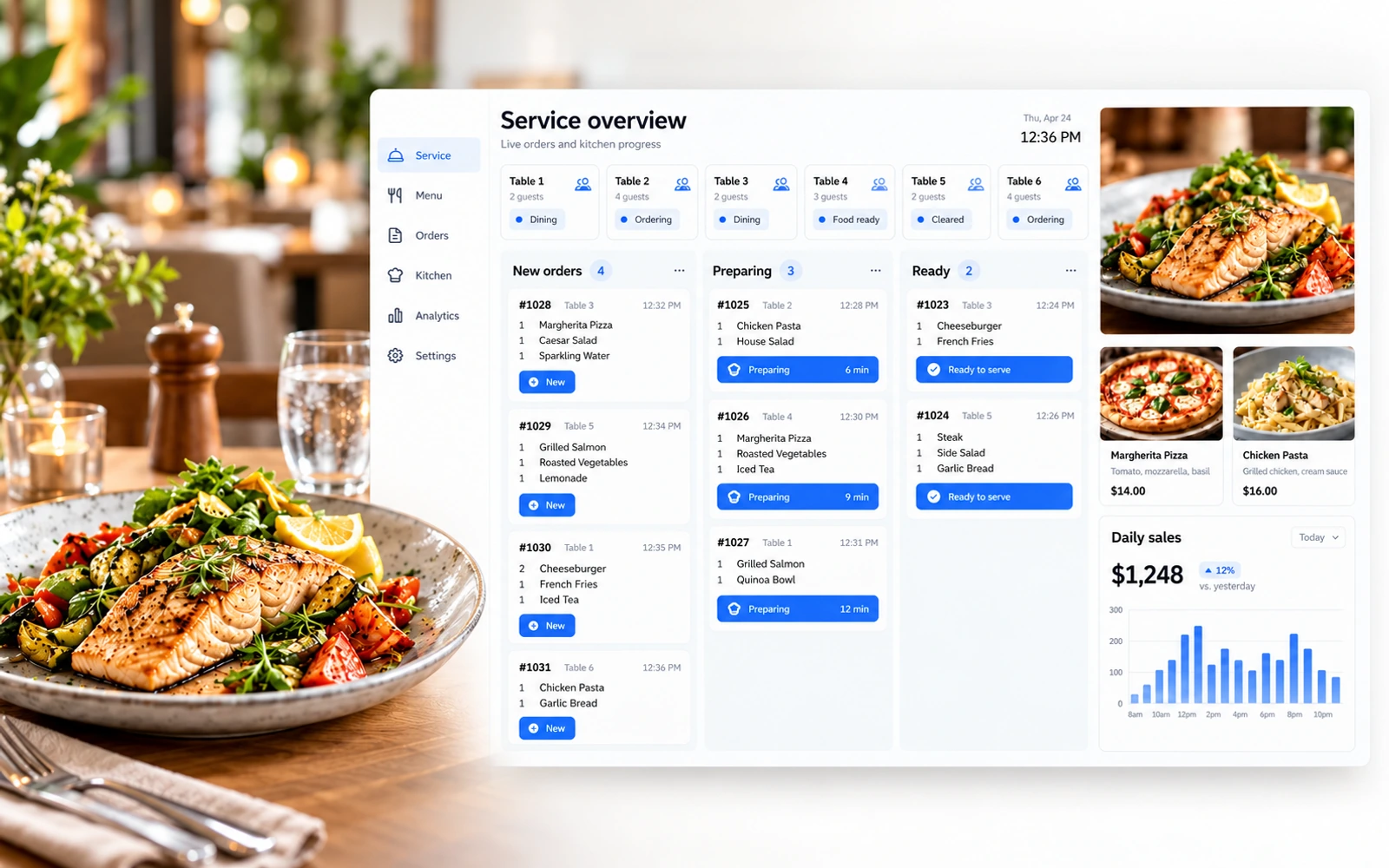 A plated restaurant meal beside a service dashboard showing table status, kitchen order tickets, menu items, and daily sales.