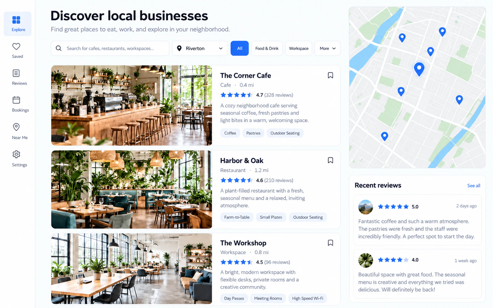 An unbranded local discovery concept with business profiles, ratings, and customer reviews.