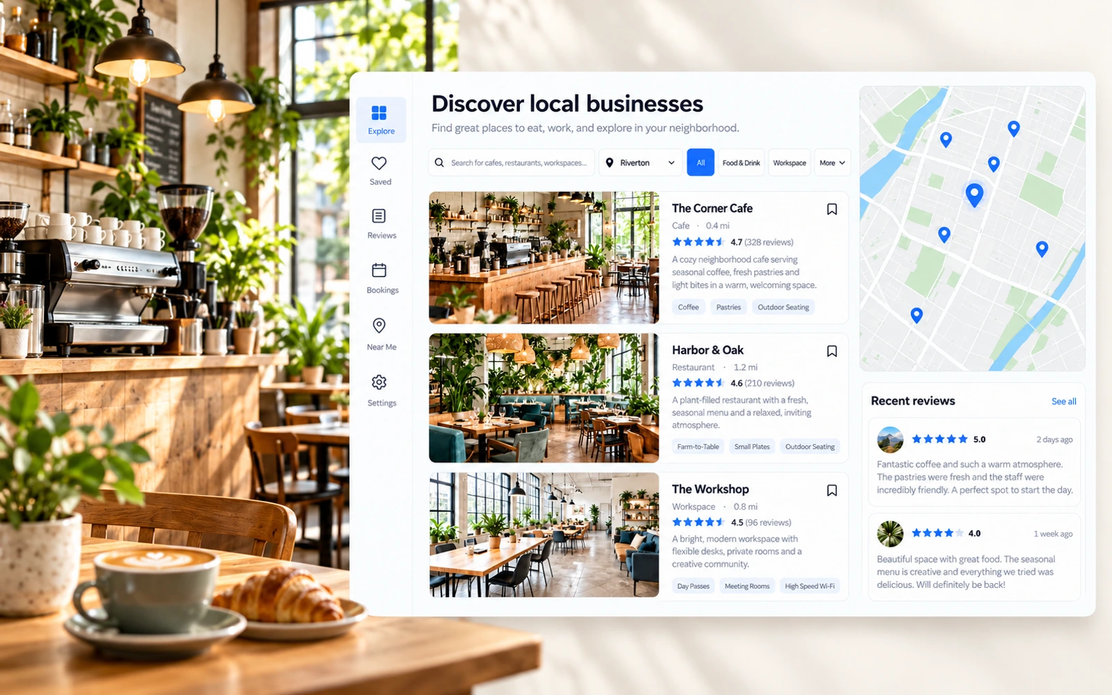 A neighborhood cafe beside a business directory dashboard showing local listings, star ratings, a location map, and customer reviews.