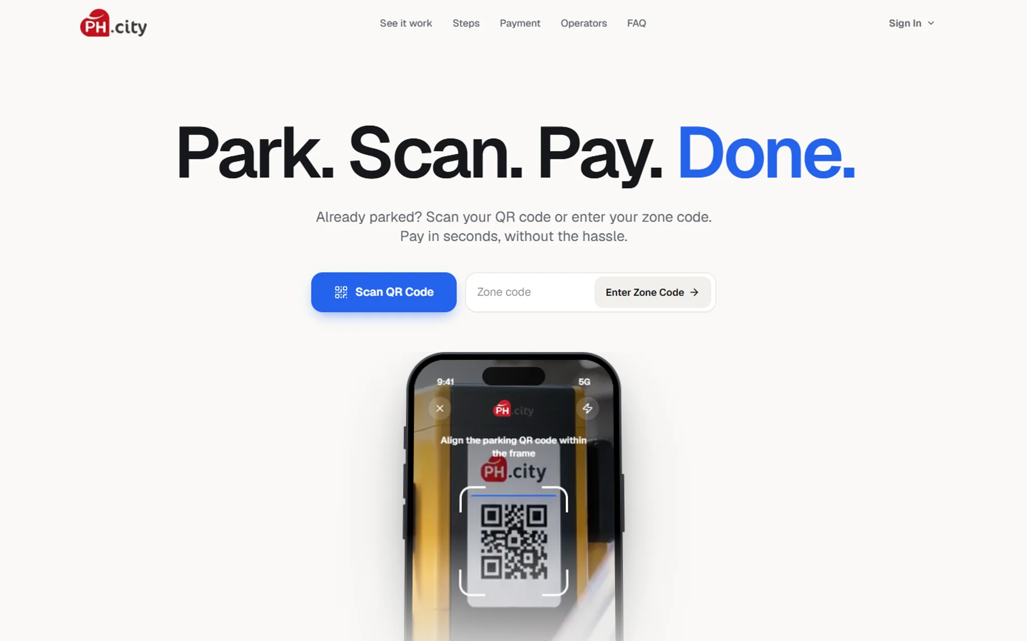PH.city home page: the headline Park. Scan. Pay. Done. above QR scanning and zone code controls, with a phone showing the parking scanner.
