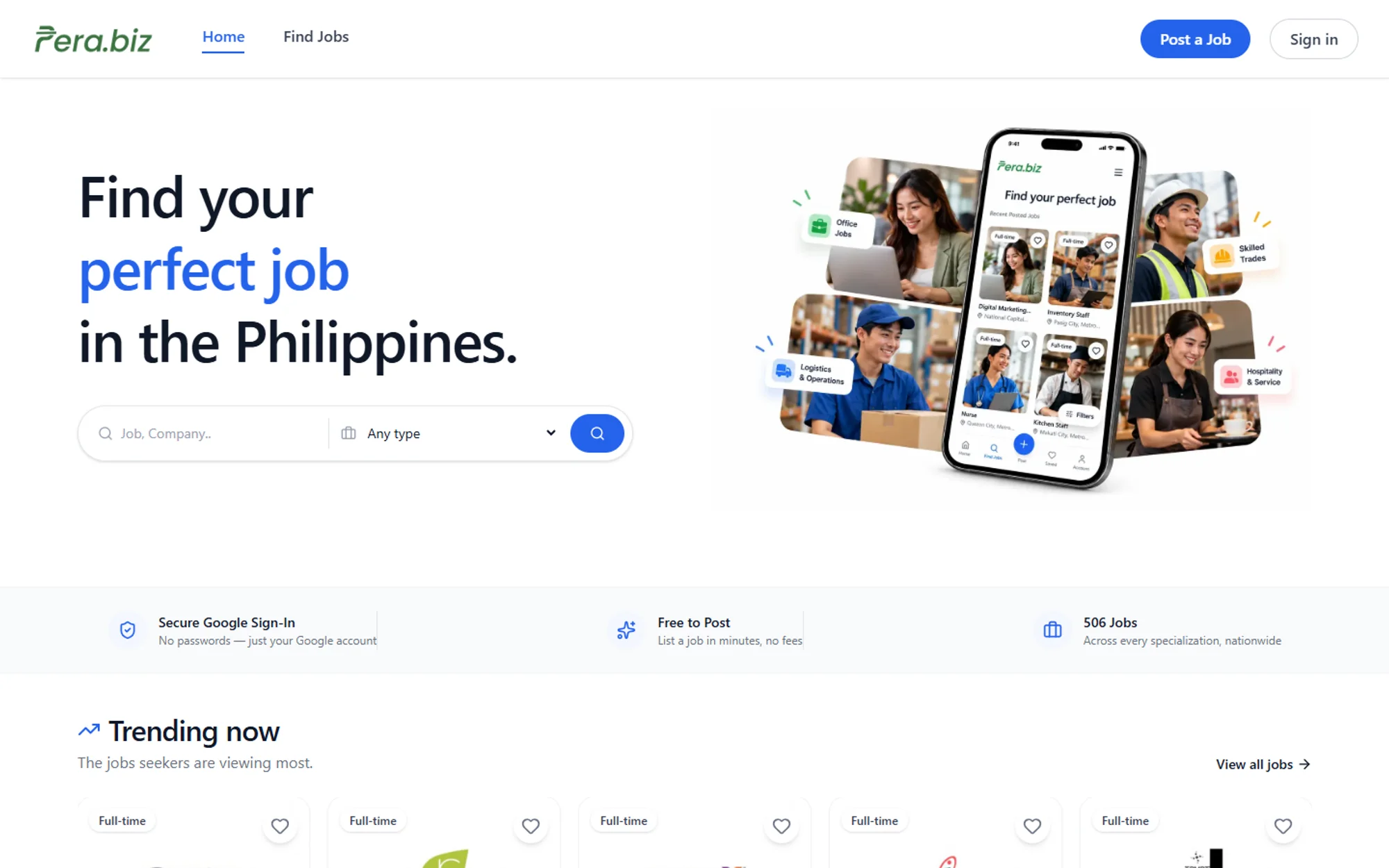 Pera.biz home page: a job search beside a phone showing job listings and photos of workers across different industries.